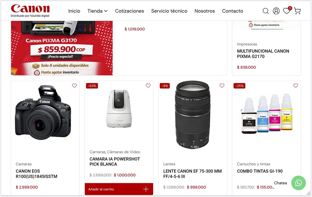 Catálogo de cámaras, lentes y tintas Canon en Futurible Digital