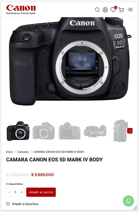 Detalle de producto Canon EOS con precio y compra en celular