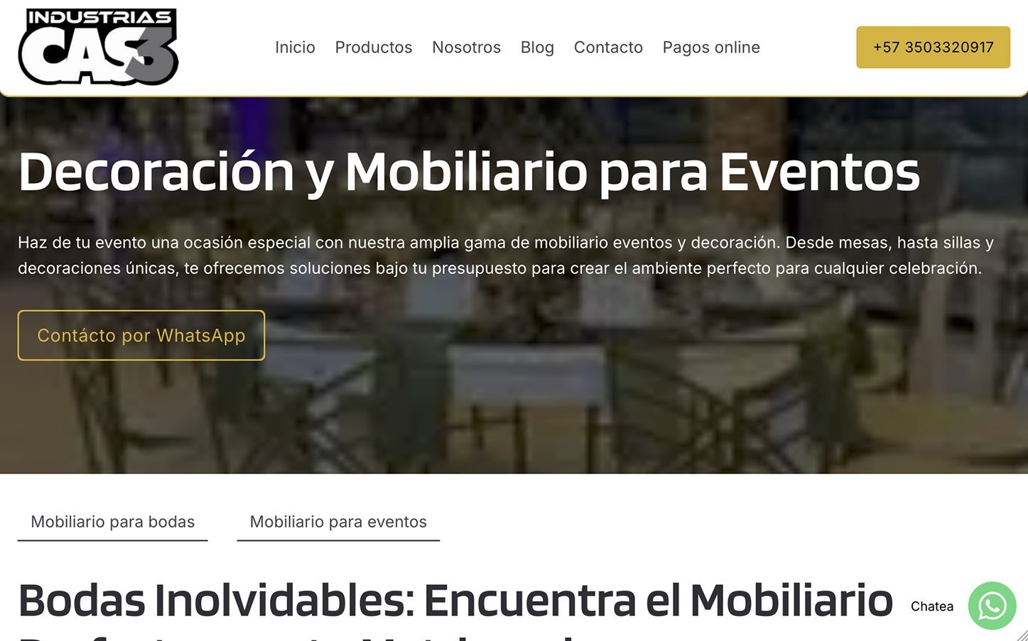 Página de mobiliario para eventos de Industrias CAS3
